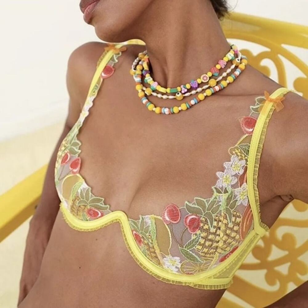 For Love & Lemons Mirabelle Underwire Bra Yellow Embroidered Sheer 38C NWT